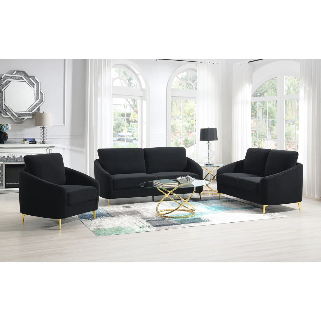 Lila Boucle Sofa Set – Sofa, Loveseat & Chair with Gold Legs | 2-PC & 3-PC