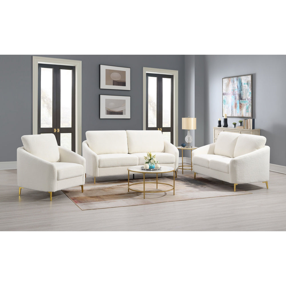 Lila Boucle Sofa Set – Sofa, Loveseat & Chair with Gold Legs | 2-PC & 3-PC
