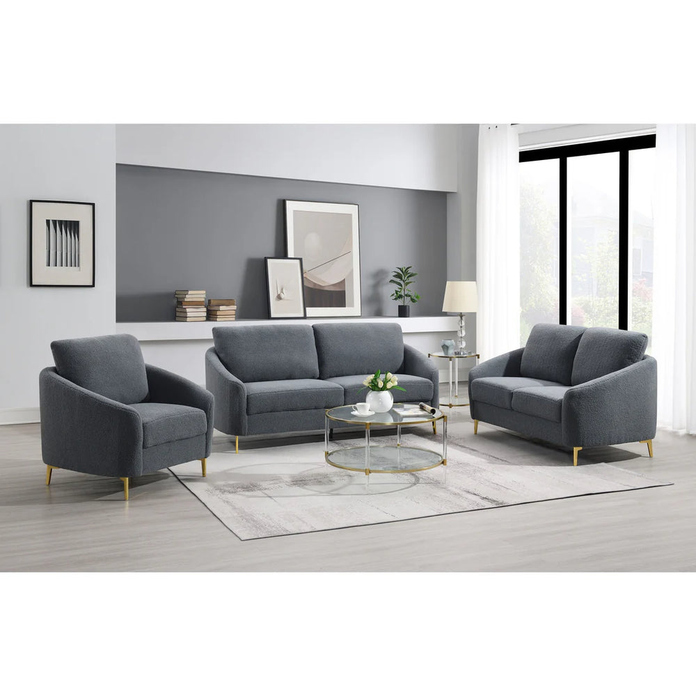 Lila Boucle Sofa Set – Sofa, Loveseat & Chair with Gold Legs | 2-PC & 3-PC