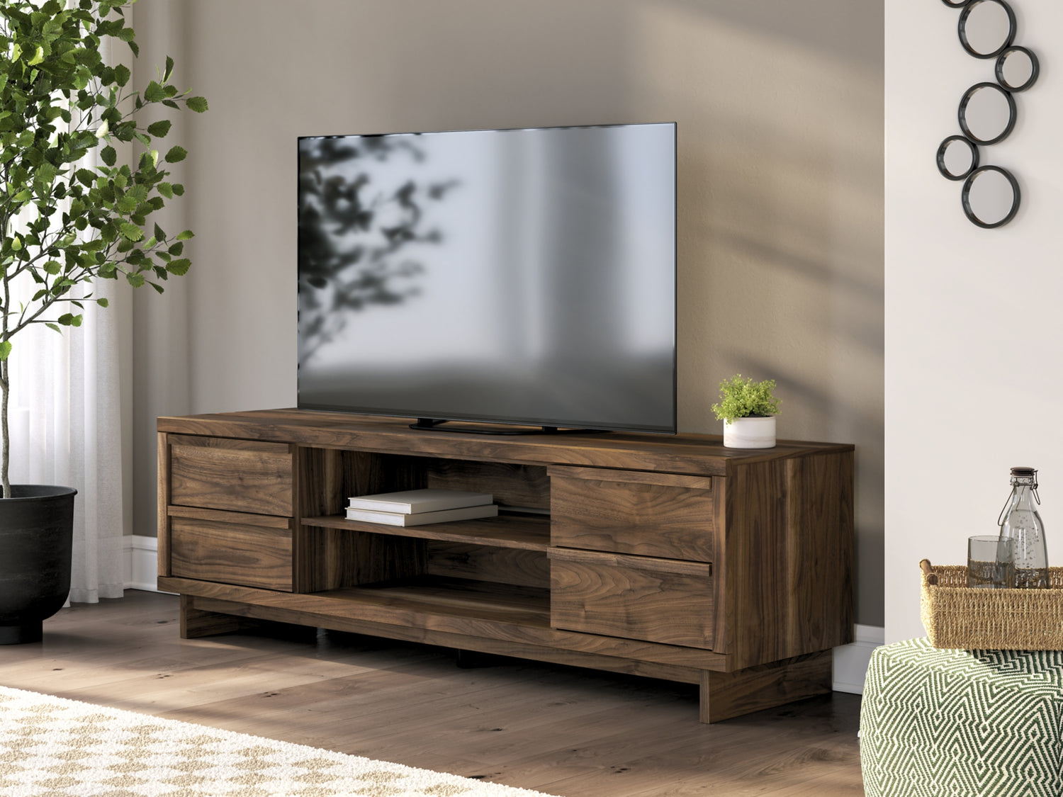 Zadilyn 72" TV Stand & Entertainment Center – Brown Walnut Grain with Fireplace Option