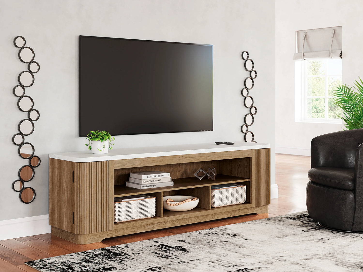 79.5" TV Stand & Entertainment Center | Faux Marble Top | Light Brown