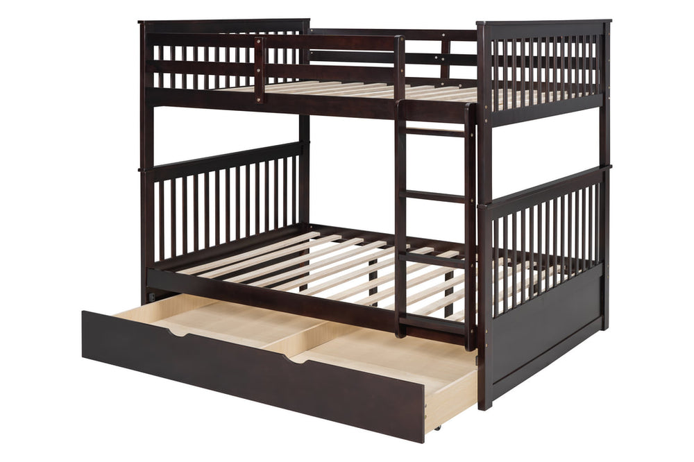 Full over Full Bunk Bed with Twin Trundle – Solid Wood | Espresso, White & Black