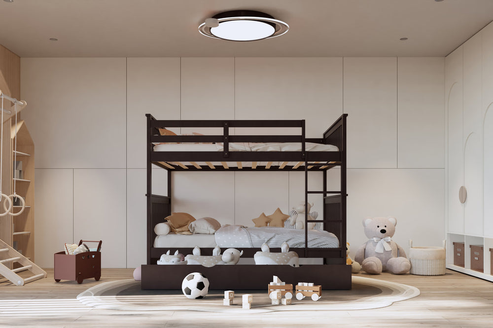 Full over Full Bunk Bed with Twin Trundle – Solid Wood | Espresso, White & Black