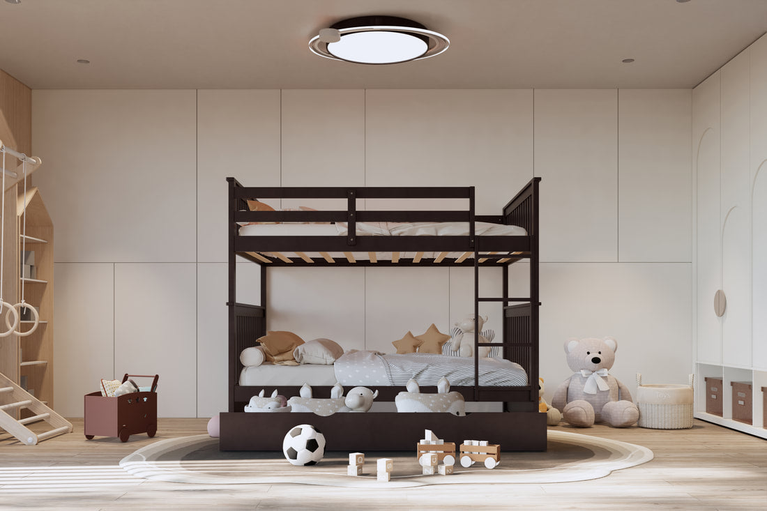 Full over Full Bunk Bed with Twin Trundle – Solid Wood | Espresso, White & Black