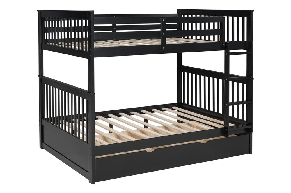 Full over Full Bunk Bed with Twin Trundle – Solid Wood | Espresso, White & Black