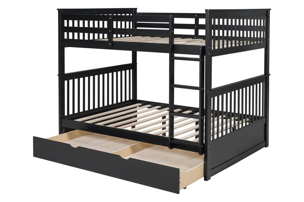 Full over Full Bunk Bed with Twin Trundle – Solid Wood | Espresso, White & Black
