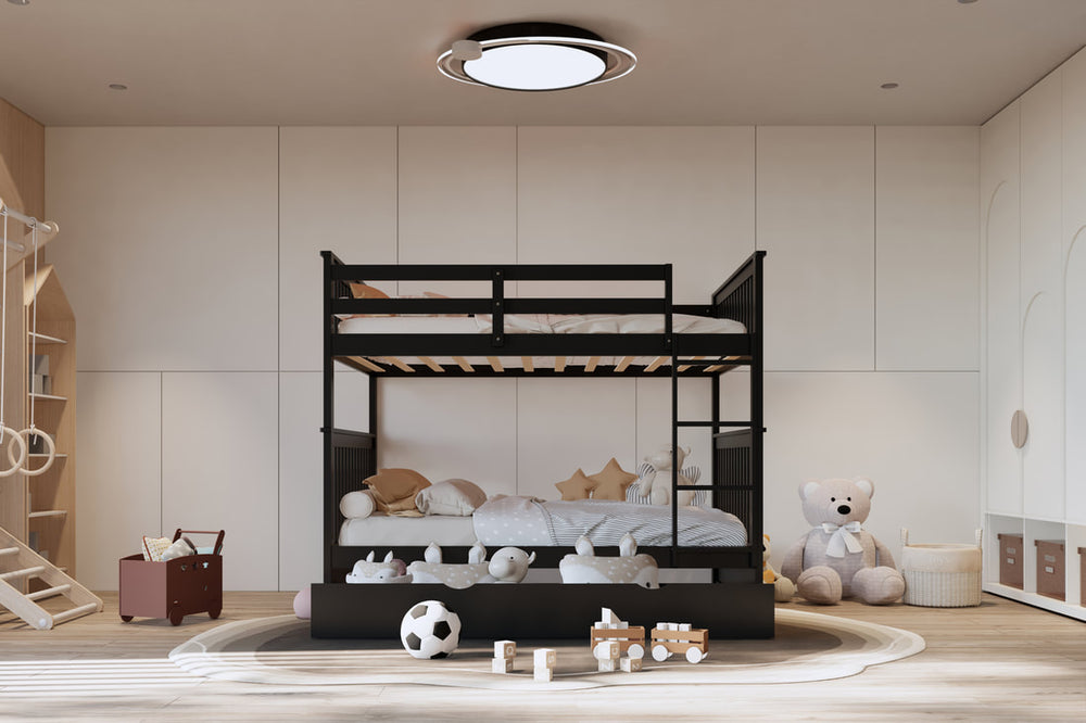 Full over Full Bunk Bed with Twin Trundle – Solid Wood | Espresso, White & Black
