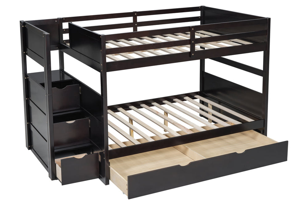 Full over Full Bunk Bed with Twin Trundle & Staircase Storage – Solid Wood | Espresso, White & Black