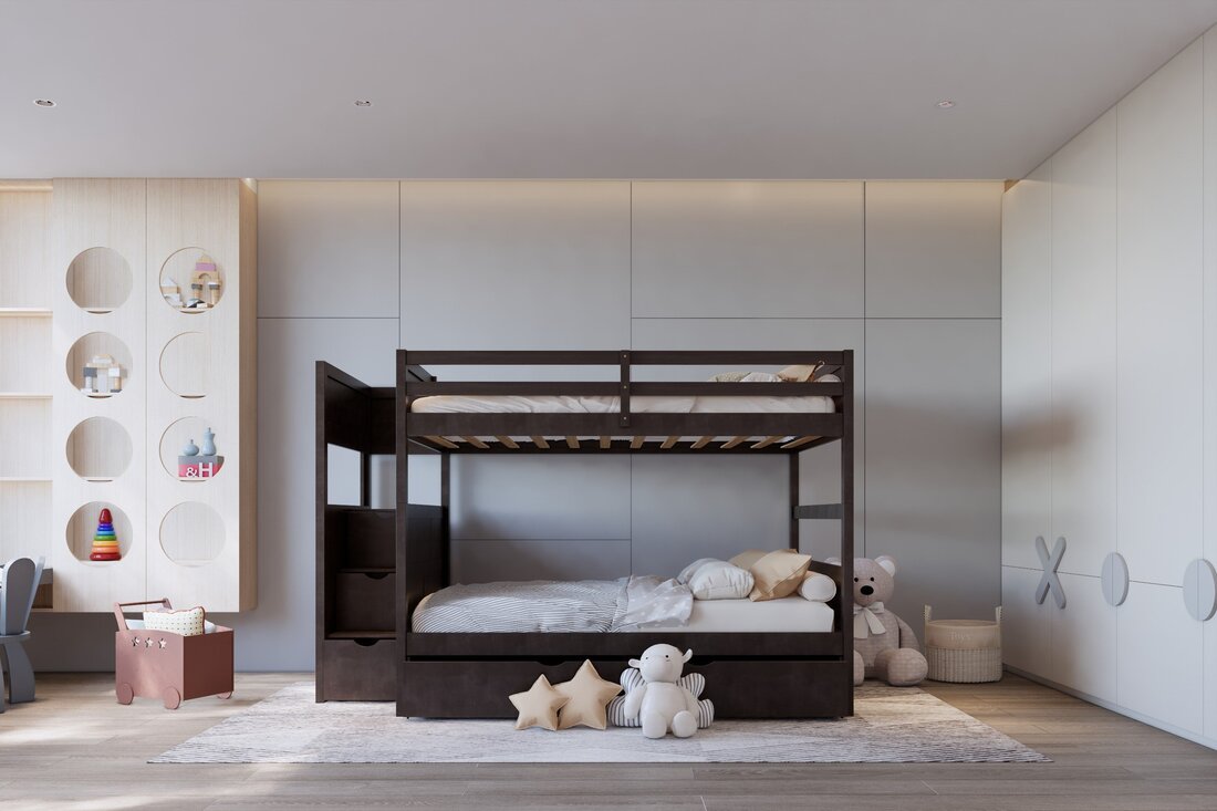 Full over Full Bunk Bed with Twin Trundle & Staircase Storage – Solid Wood | Espresso, White & Black