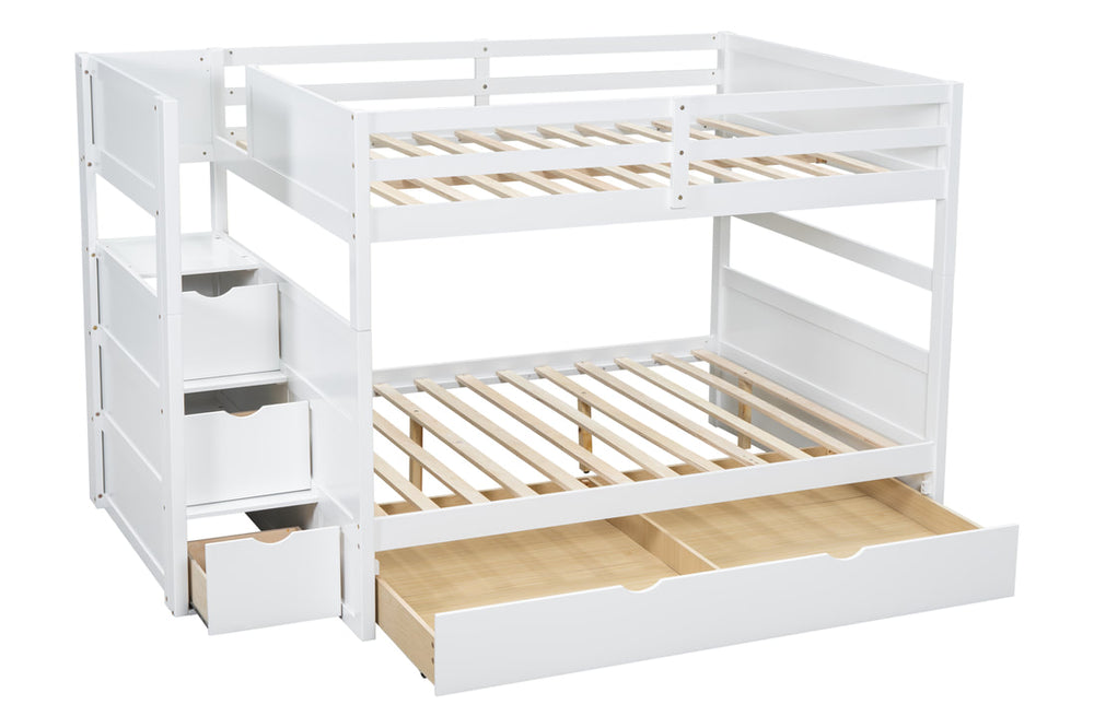 Full over Full Bunk Bed with Twin Trundle & Staircase Storage – Solid Wood | Espresso, White & Black