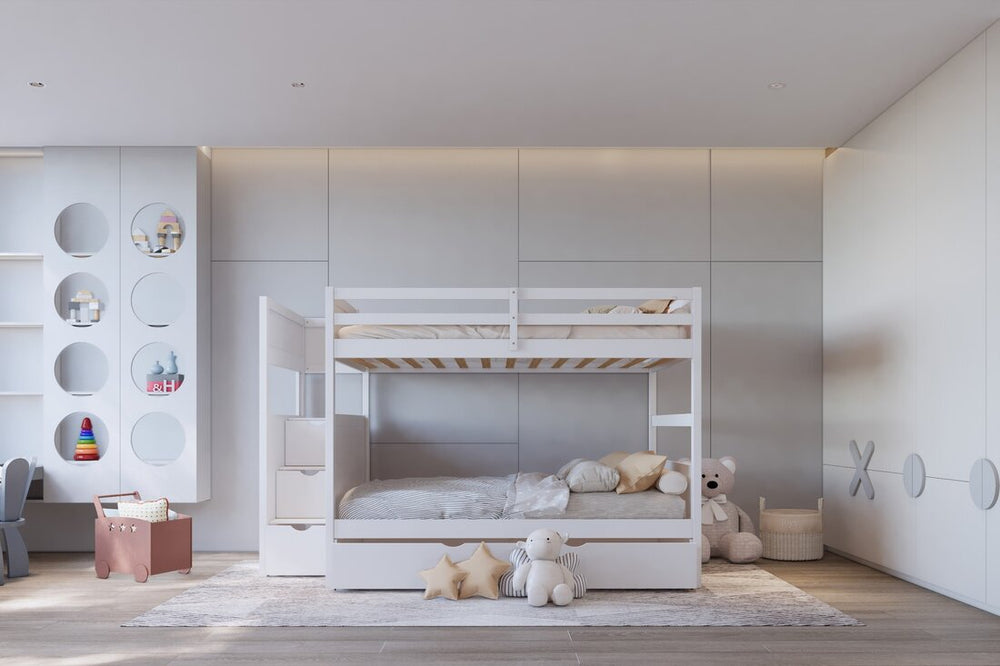 Full over Full Bunk Bed with Twin Trundle & Staircase Storage – Solid Wood | Espresso, White & Black