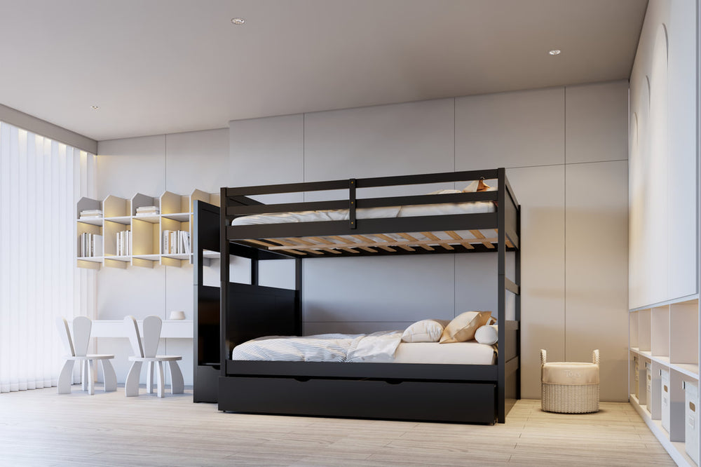 Full over Full Bunk Bed with Twin Trundle & Staircase Storage – Solid Wood | Espresso, White & Black