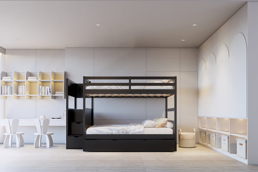 Full over Full Bunk Bed with Twin Trundle & Staircase Storage – Solid Wood | Espresso, White & Black