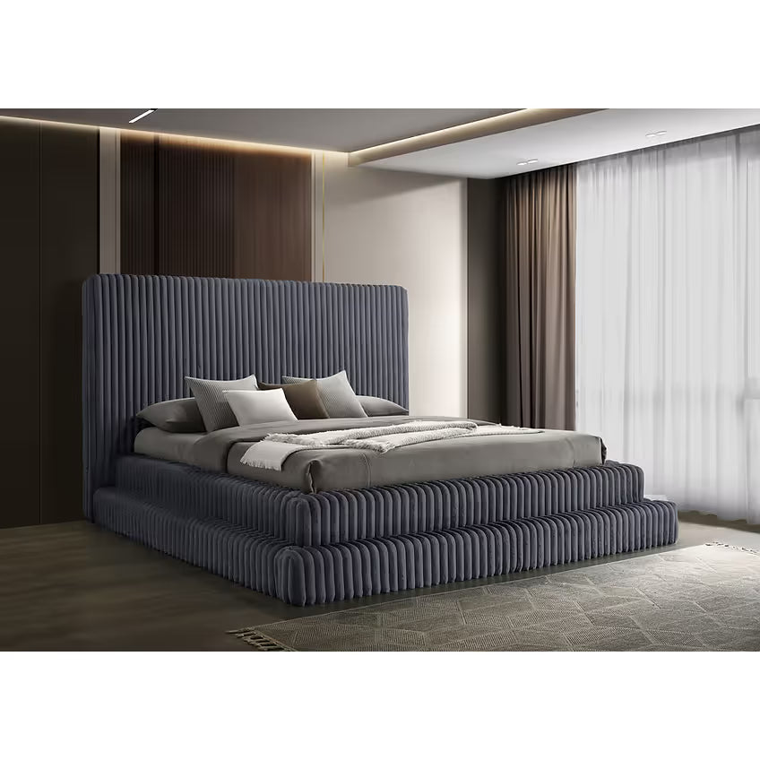 Micah Corduroy Upholstered Platform Bed – Black & Cream Gray