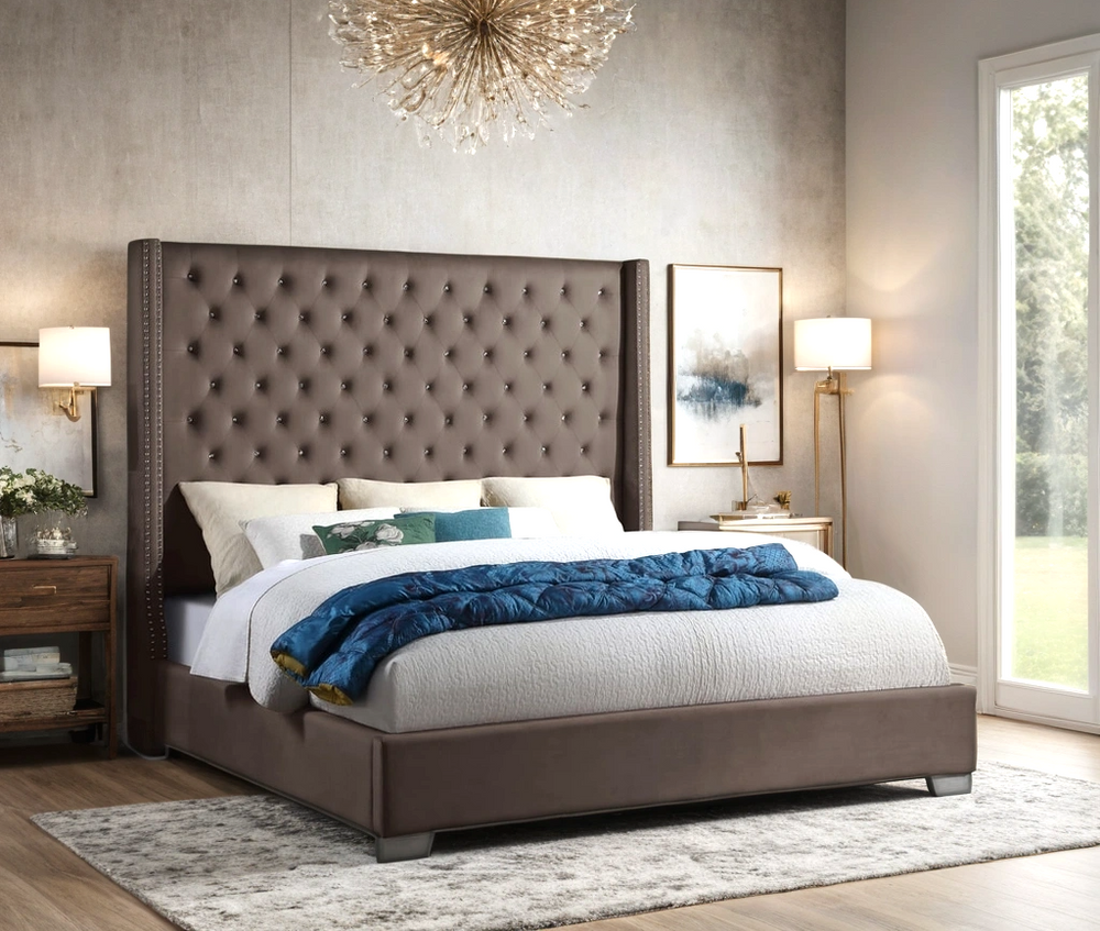 Emily Diamond-Tufted Velvet Upholstered Headboard Bed | Blue, Pink & Mocha | Queen & King | NZR Furniture