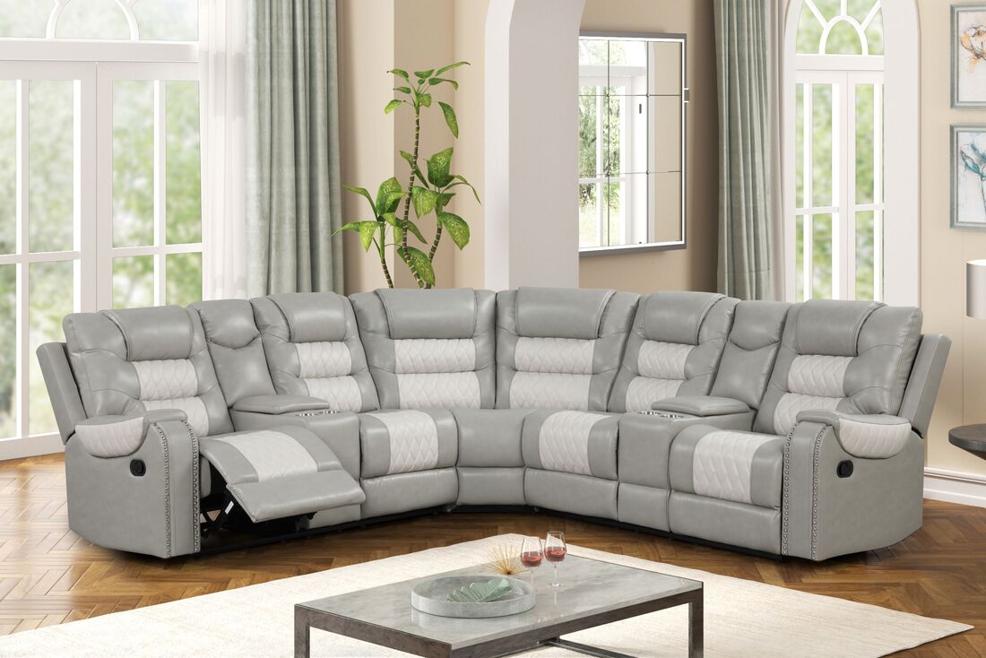 Jordan Reclining Sectional – Gray, Black & Brown Leather Gel