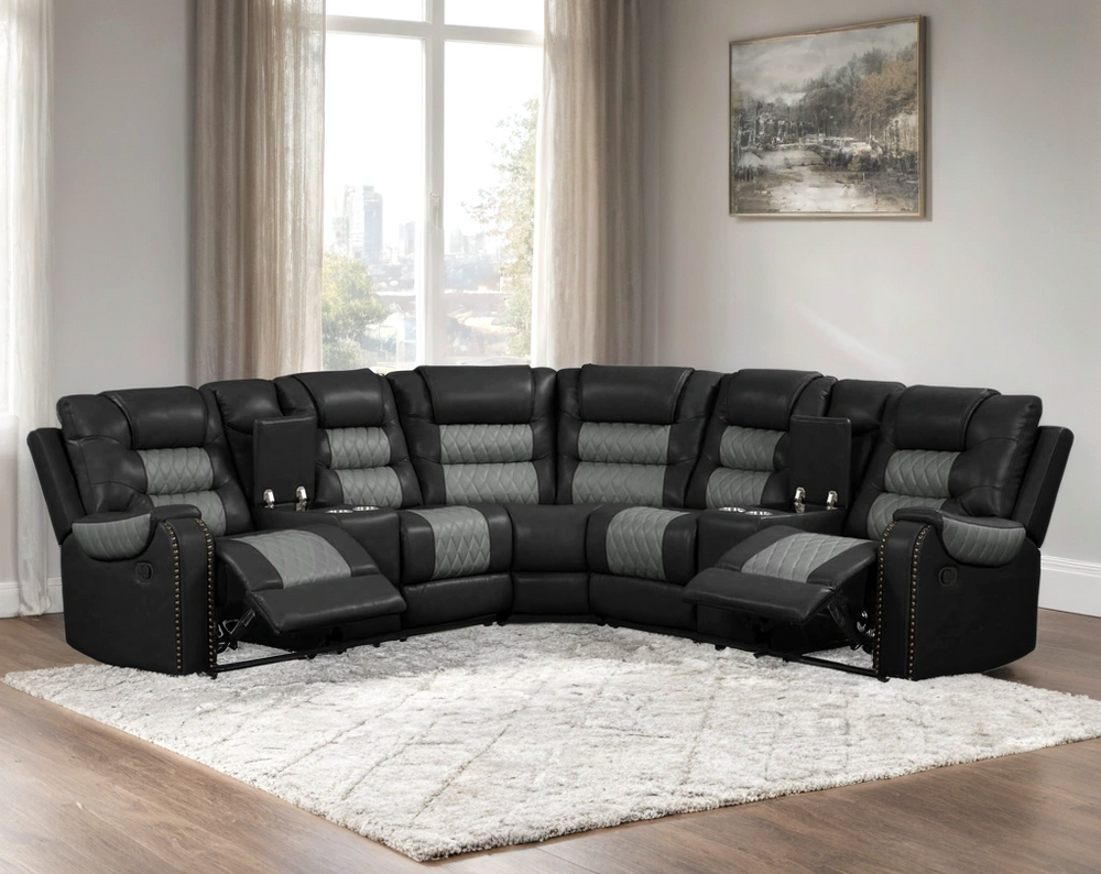 Jordan Reclining Sectional – Gray, Black & Brown Leather Gel