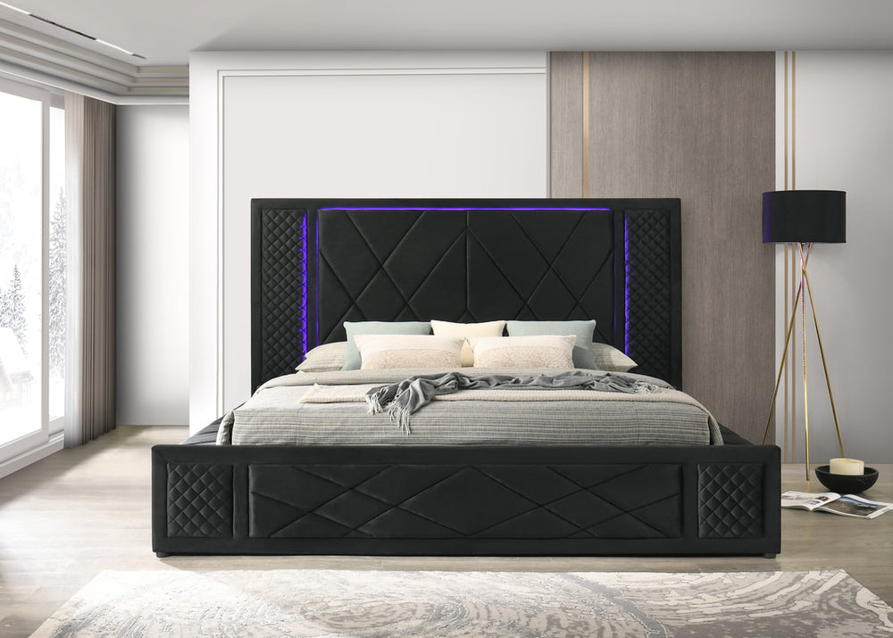 Lorenzo Black Velvet Platform Bed – LED Lights & Bluetooth Speakers | Queen & King