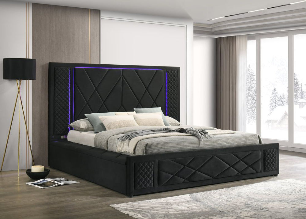 Lorenzo Black Velvet Platform Bed – LED Lights & Bluetooth Speakers | Queen & King