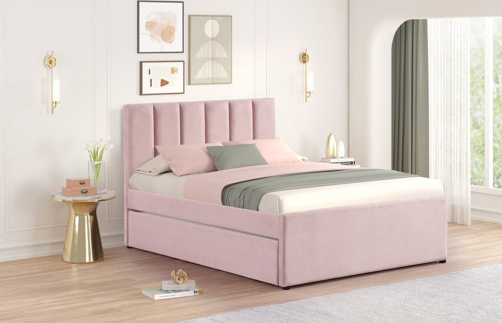 Maya Velvet Platform Bed with Trundle – Twin & Full | Black, Beige & Pink