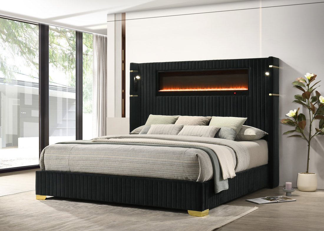 Romance Platform Bed | LED Fireplace & Bluetooth Speakers | Queen & King