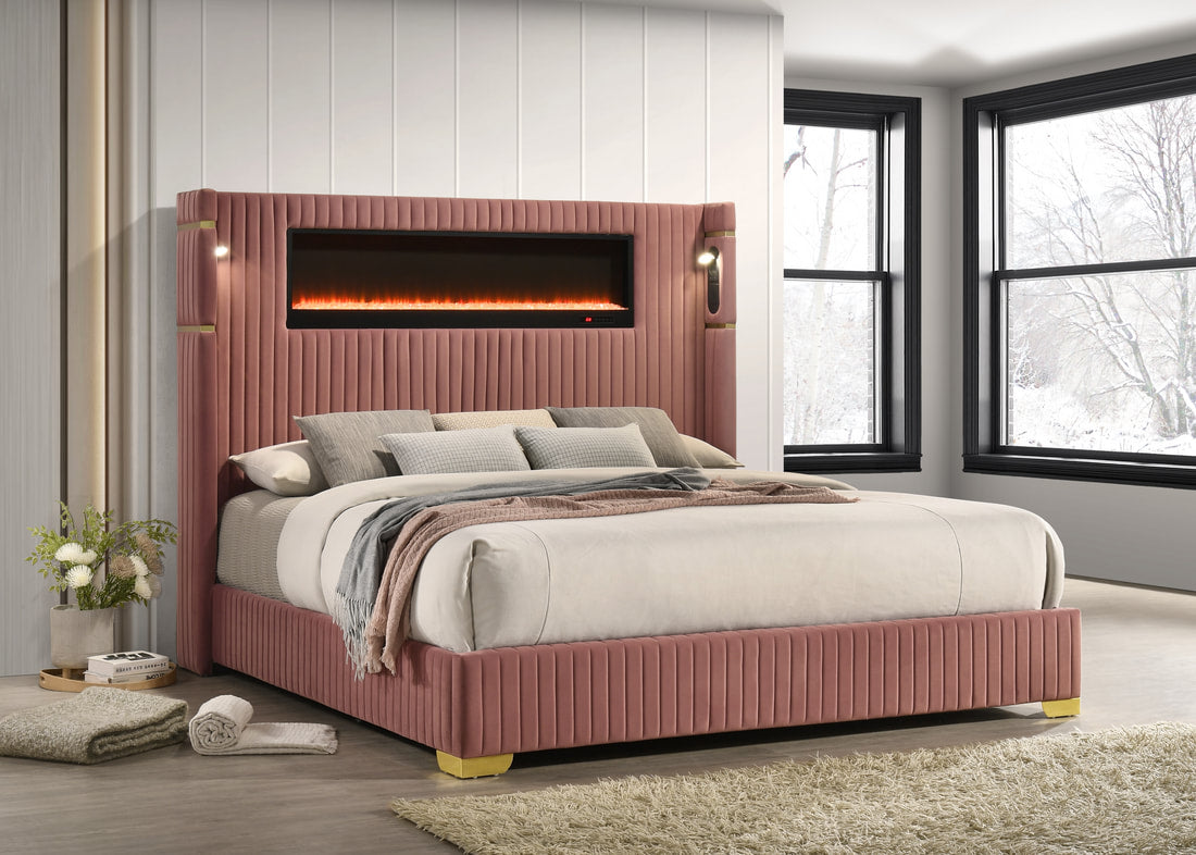 Romance Platform Bed | LED Fireplace & Bluetooth Speakers | Queen & King