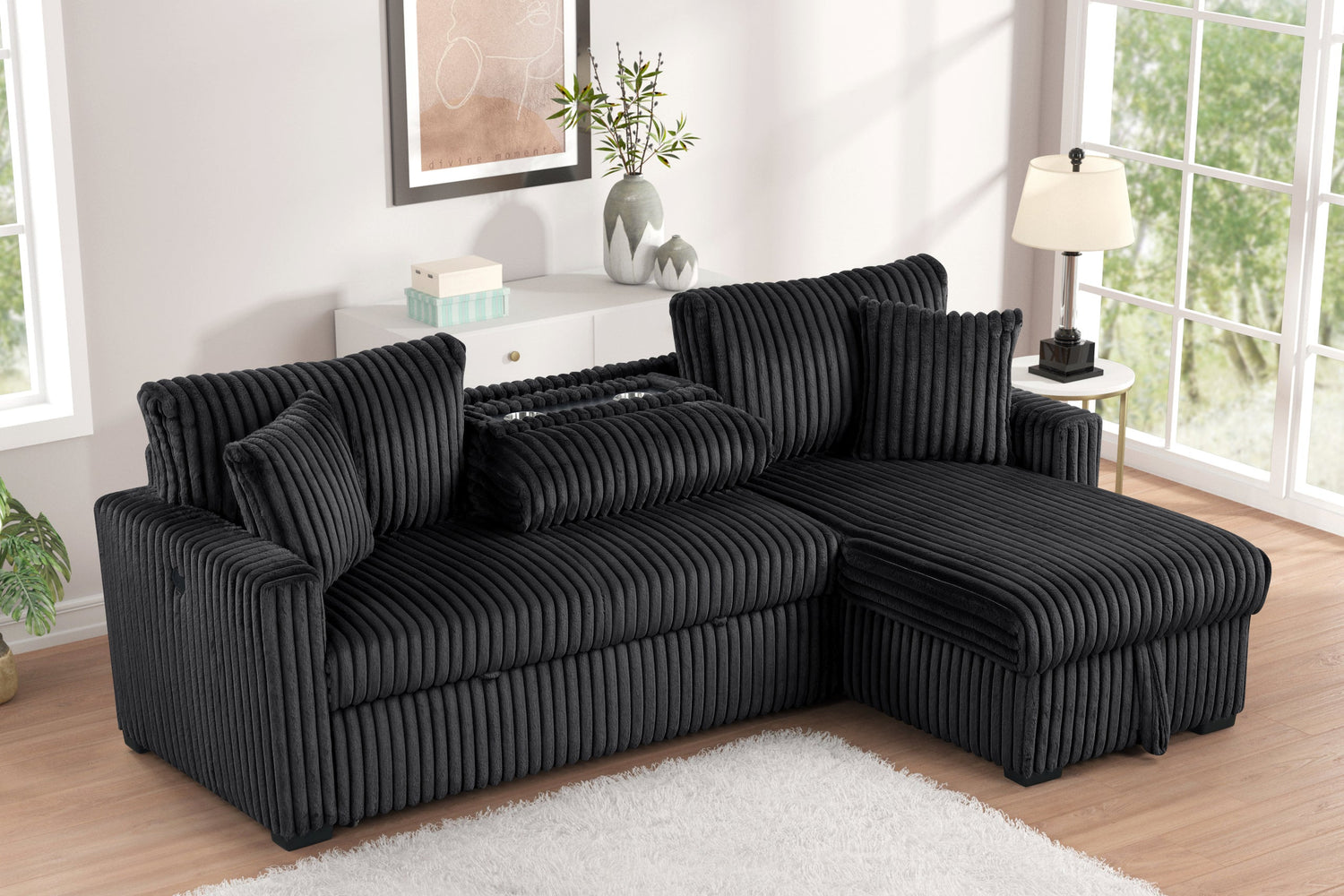 Aria Black Sectional With Pull-Out Beds & Storage Chaise (ETA 1/30)