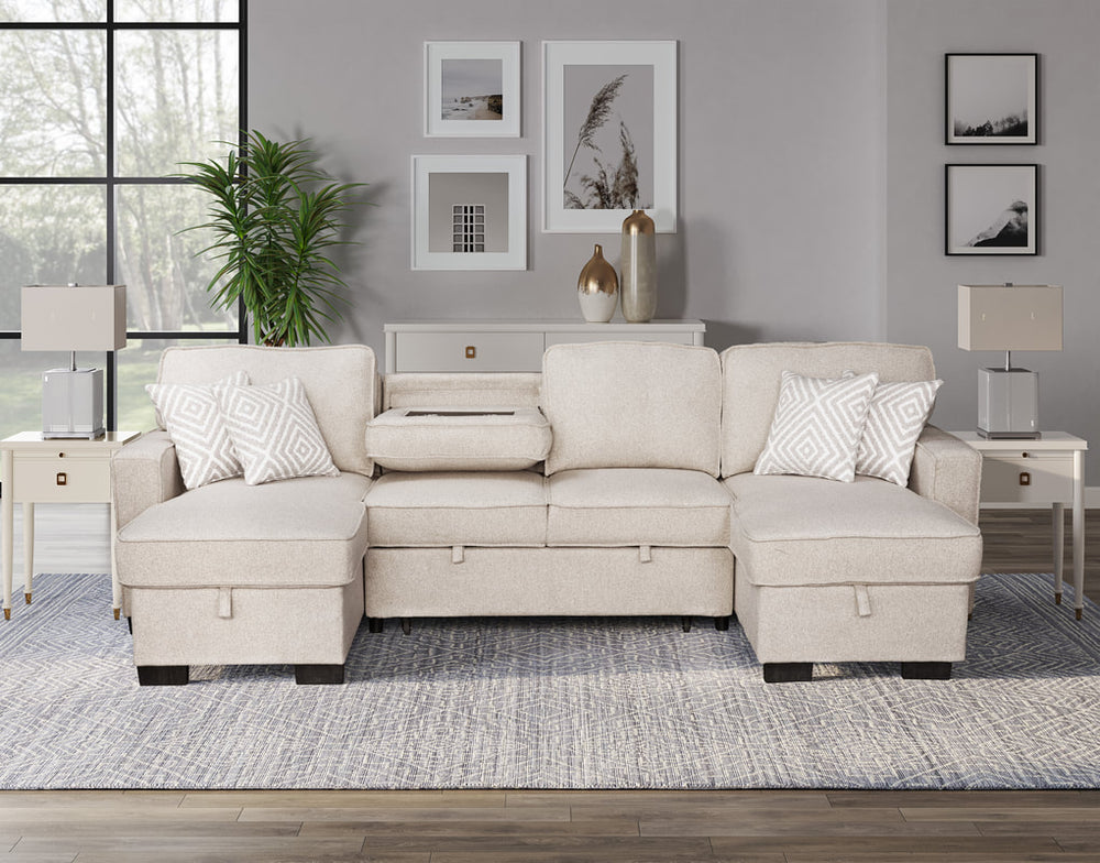 Sahara Double Chaise Sectional – Storage, Drop-Down Cupholders & USB Outlets | Gray & Beige