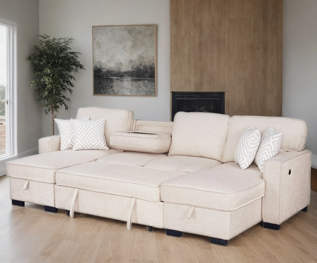 Sahara Double Chaise Sectional – Storage, Drop-Down Cupholders & USB Outlets | Gray & Beige