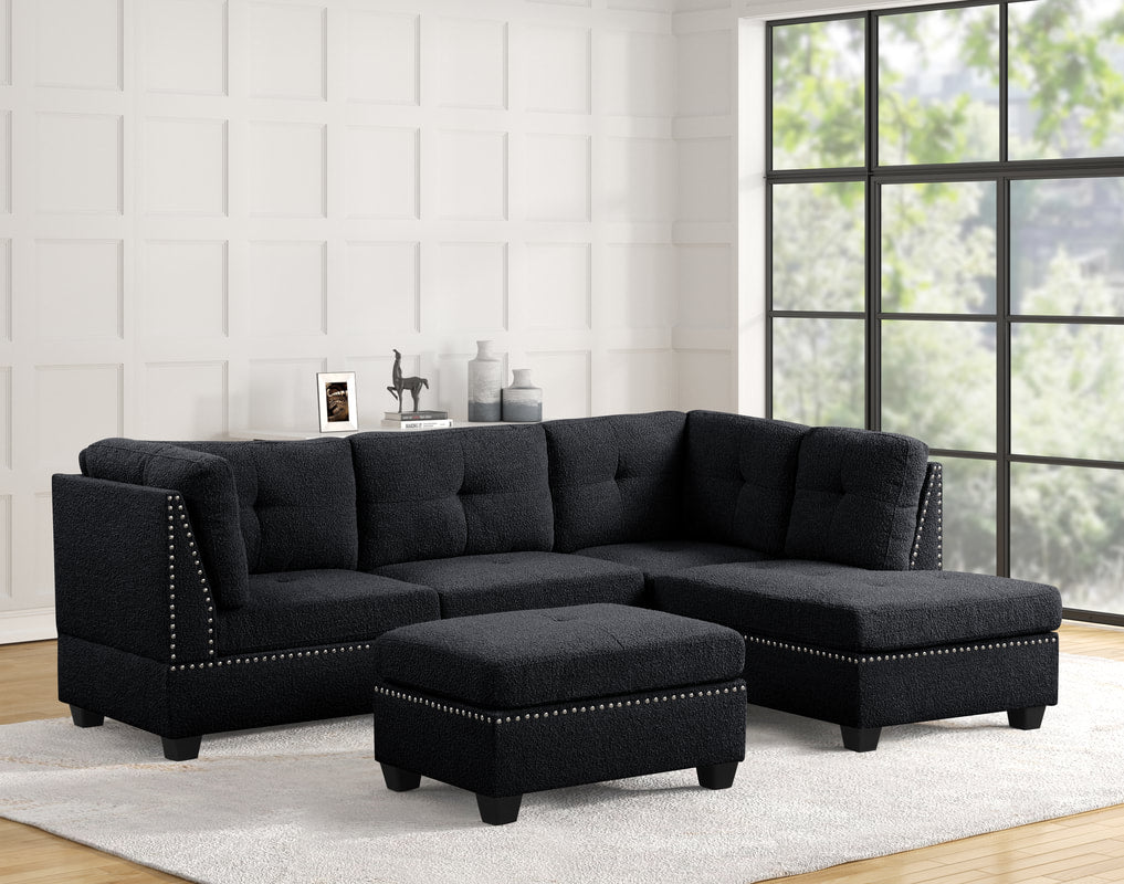 Sienna Boucle Sectional Sofa with Ottoman | Black, Grey & Sand