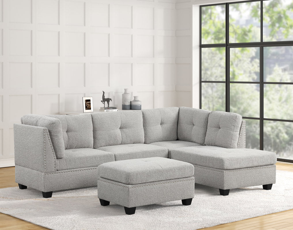 Sienna Boucle Sectional Sofa with Ottoman | Black, Grey & Sand