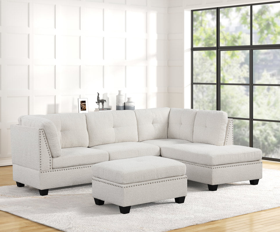 Sienna Boucle Sectional Sofa with Ottoman | Black, Grey & Sand
