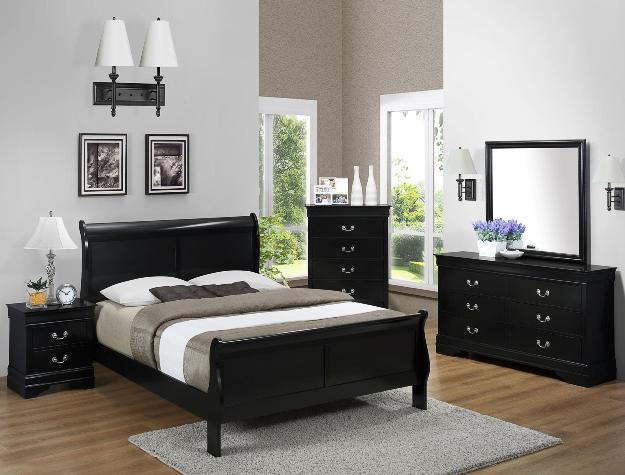 Louis Philip Sleigh Bedroom Suite – Curved Headboard, Dresser, Mirror, Nightstand & Chest