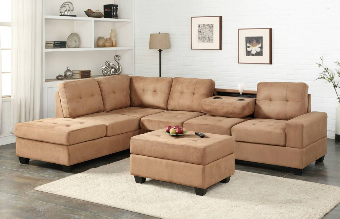 Heights Light Brown Fabric Sectional w/ Storage Ottoman and Cupholder