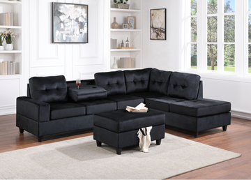 Heights Black velvet Sectional w/ Storage Ottoman and Cupholder