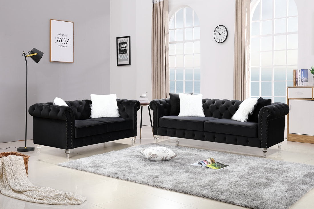 Manchester 2-PC Black Velvet Sofa & Loveseat  Set