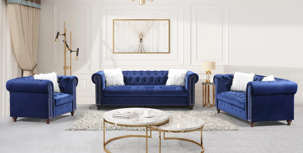 Milan Blue Velvet 3-PC Sofa Set