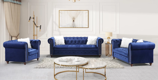 Milan Blue Velvet 3-PC Sofa Set