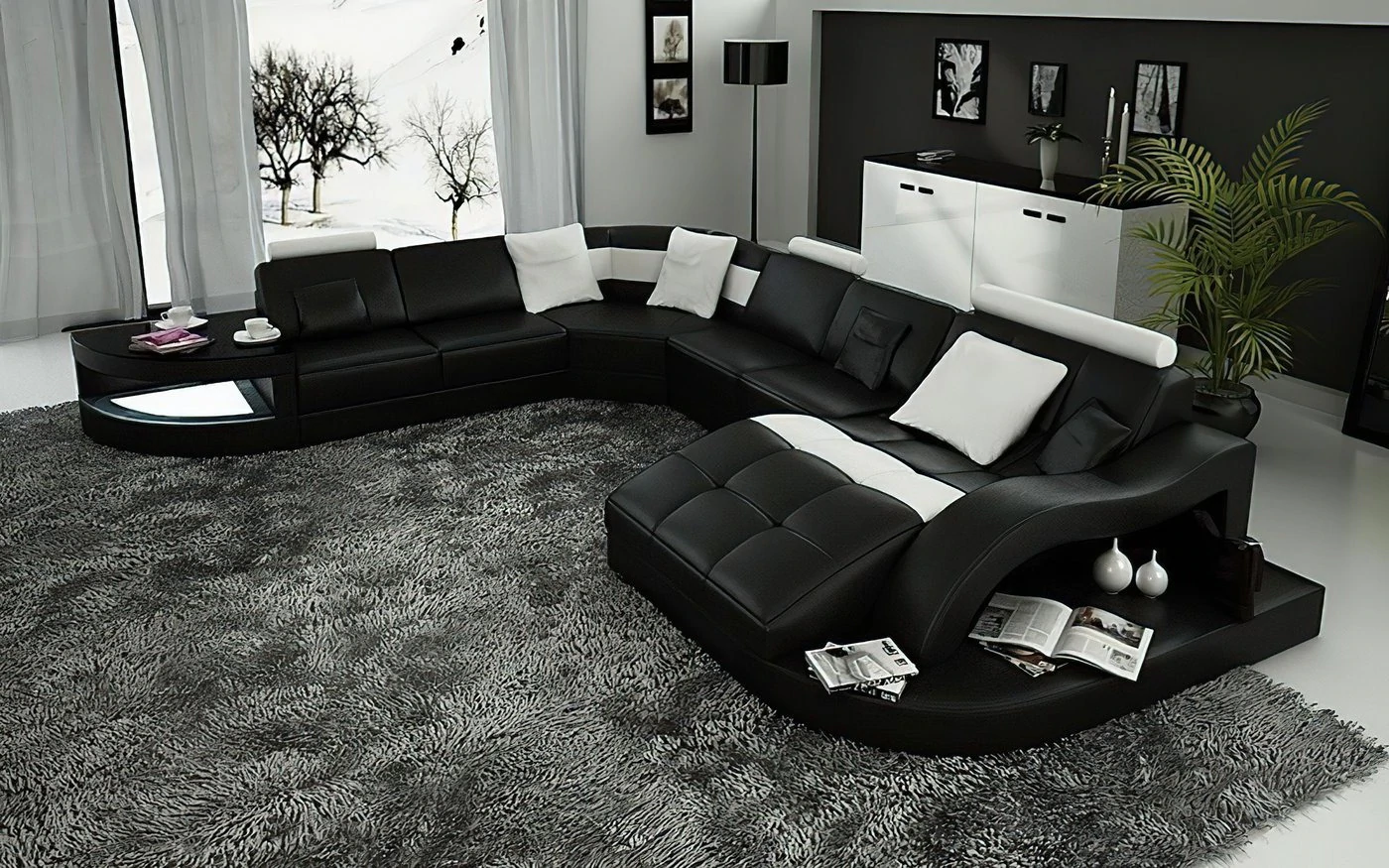 Navasota Black Large Leather Sectional with Shape Chaise