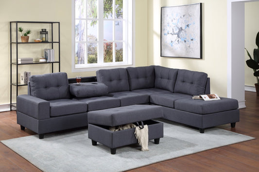 Heights Gray Fabric Sectional w/ Storage Ottoman and Cupholder