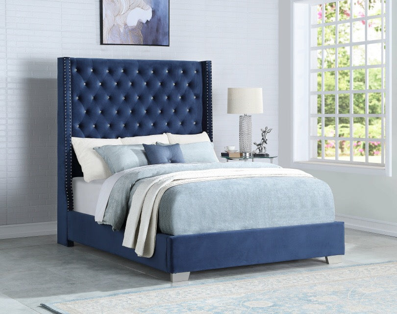 Emily Diamond-Tufted Velvet Upholstered Headboard Bed | Blue, Pink & Mocha | Queen & King | NZR Furniture