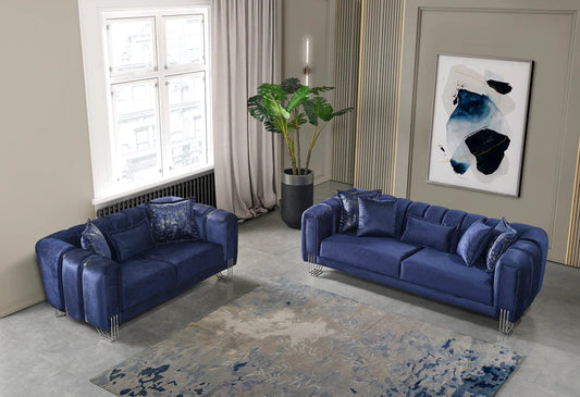 Santana Blue Velvet Sofa & Loveseat