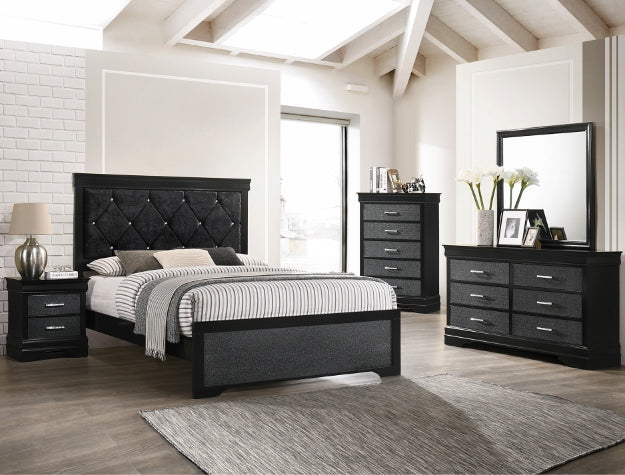 Amalia Bedroom Suite – Tufted Headboard, Dresser, Mirror, Nightstand & Chest