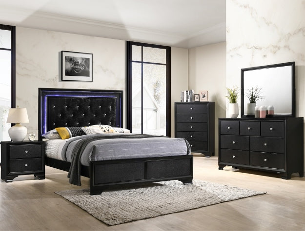 Micah Tufted Bedroom Suite – Black Finish with Integrated Lighting