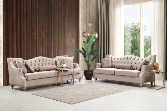 Zeus Beige Velvet Sofa & Loveseat with Nailhead Trim