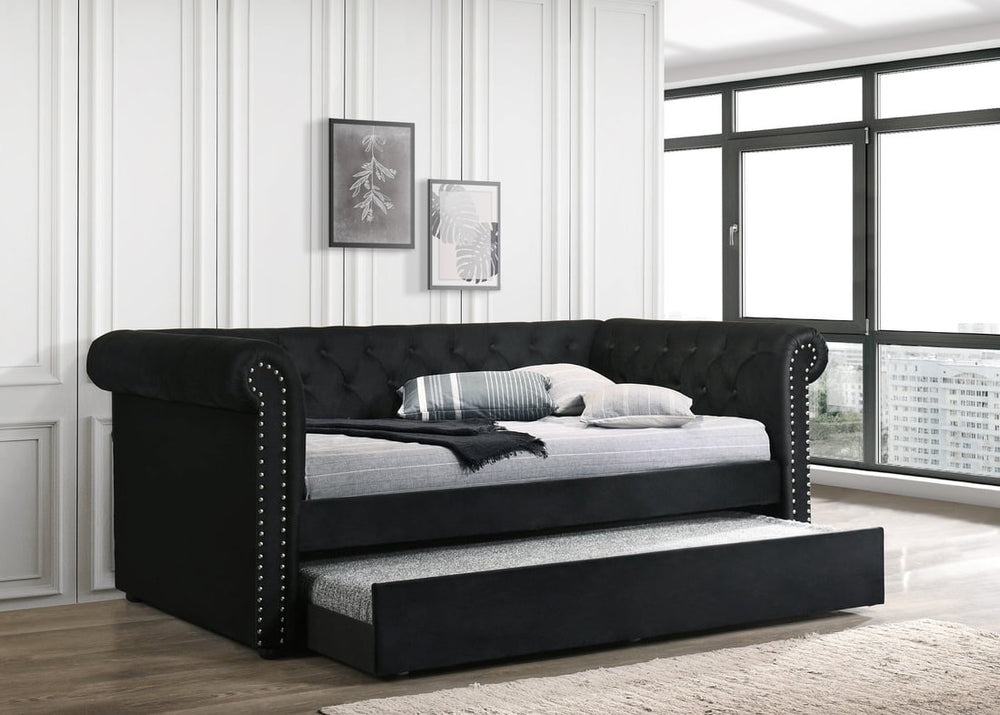 Oakmont Linen Tufted Daybed with Twin Trundle – Black, Gray & Beige | NZR Furniture