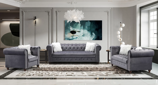 Milan Gray Velvet 3-PC Sofa Set