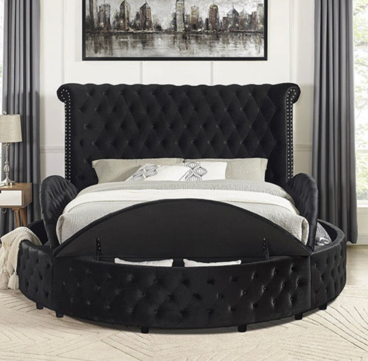 Penthouse Black Velvet Platform Storage Bed with Tufted Headboard