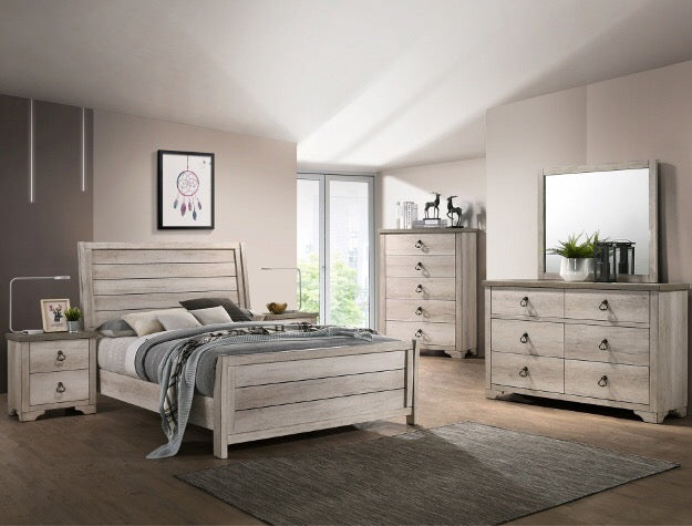 Patterson Bedroom Suite – Rustic Panel Bed, Dresser, Mirror, Nightstand & Chest