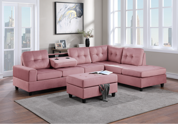 Heights Pink Velvet Sectional w/ Storage Ottoman and Cupholder